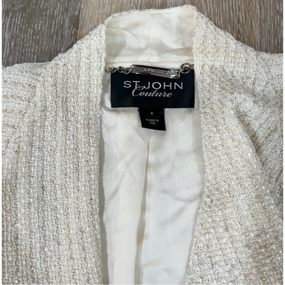 St John Couture Women Sz 2 Ivory Tweed Metallic Silver Gold Ruffle Blazer Jacket - Picture 9 of 10